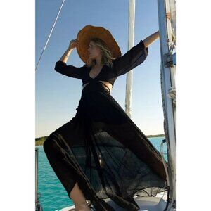 Miguelina Farrah NWT Black Gauze Sheer Tassel Tie Layered Maxi Dress Medium